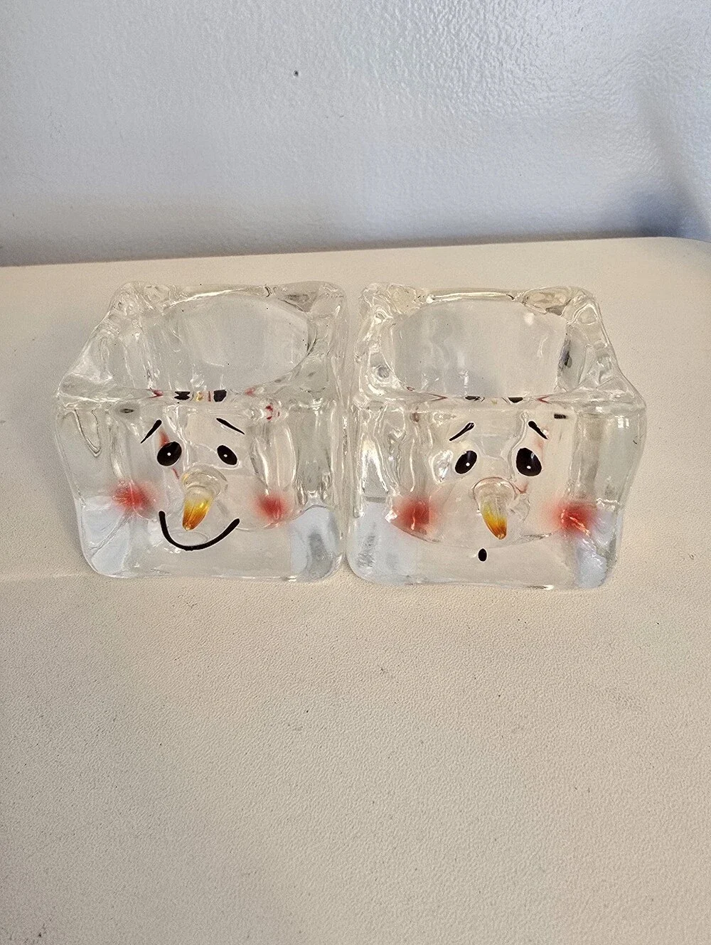 2 Department Dept. 56 Clear Glass Ice Cube Snowman Faces Candle Holders